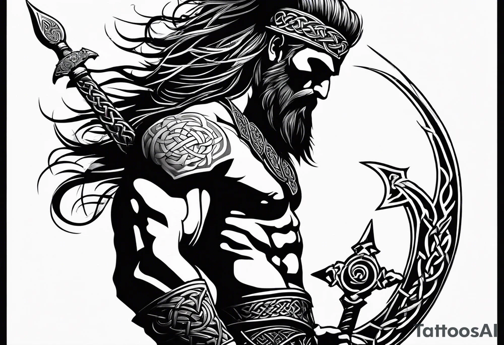 Side facing full body shot of Celtic warrior with weapon unsheathed. tattoo idea