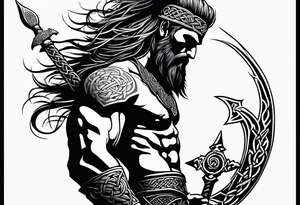 Side facing full body shot of Celtic warrior with weapon unsheathed. tattoo idea
