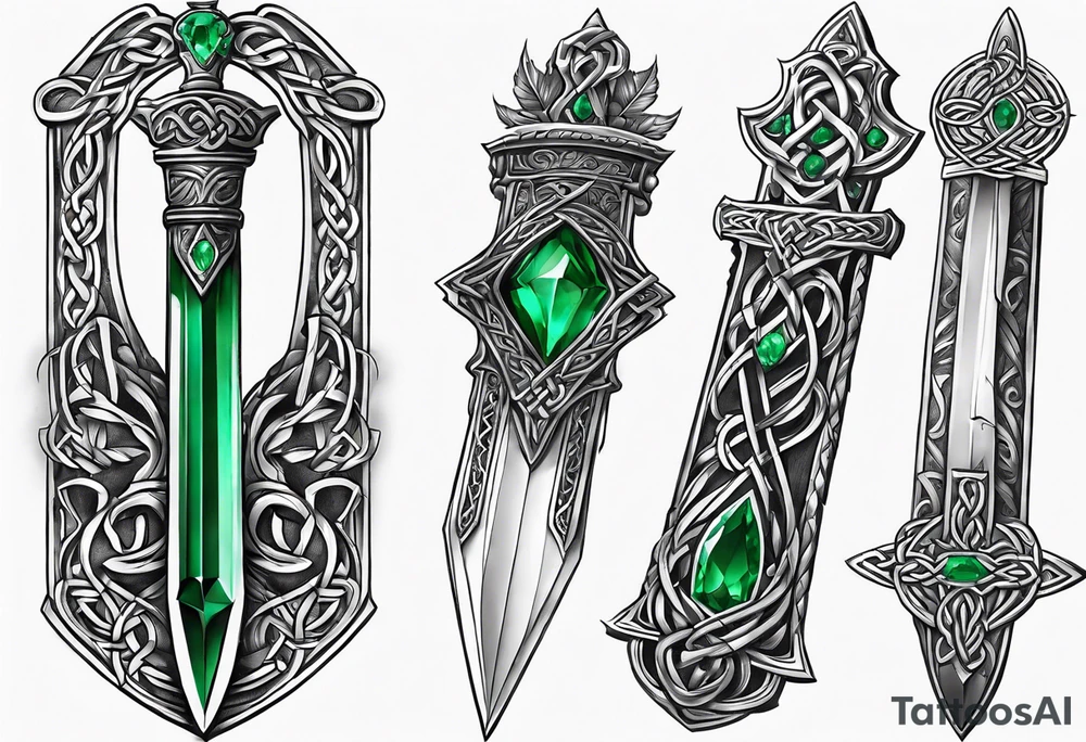 A Celtic dagger with an oak hilt turned upright and emerald gemstones on it tattoo idea