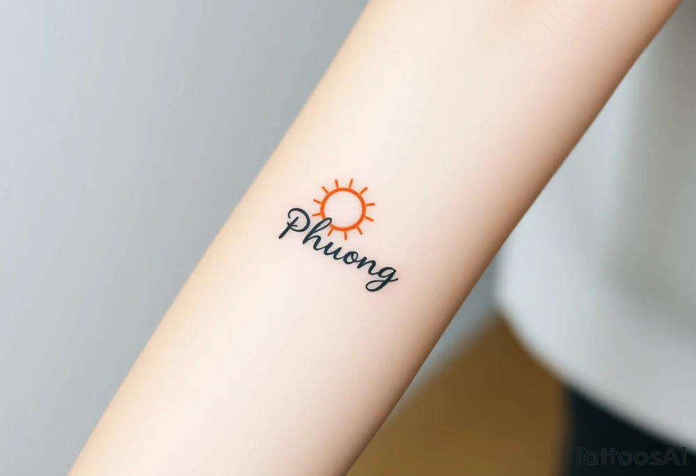 Word "PHUONG" written vertical with the sun. tattoo idea