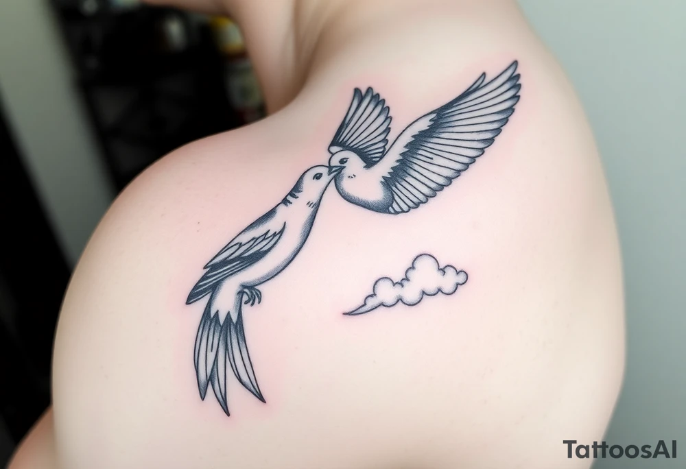 Dove and a blue jay, clouds, shining light to or from heaven tattoo idea