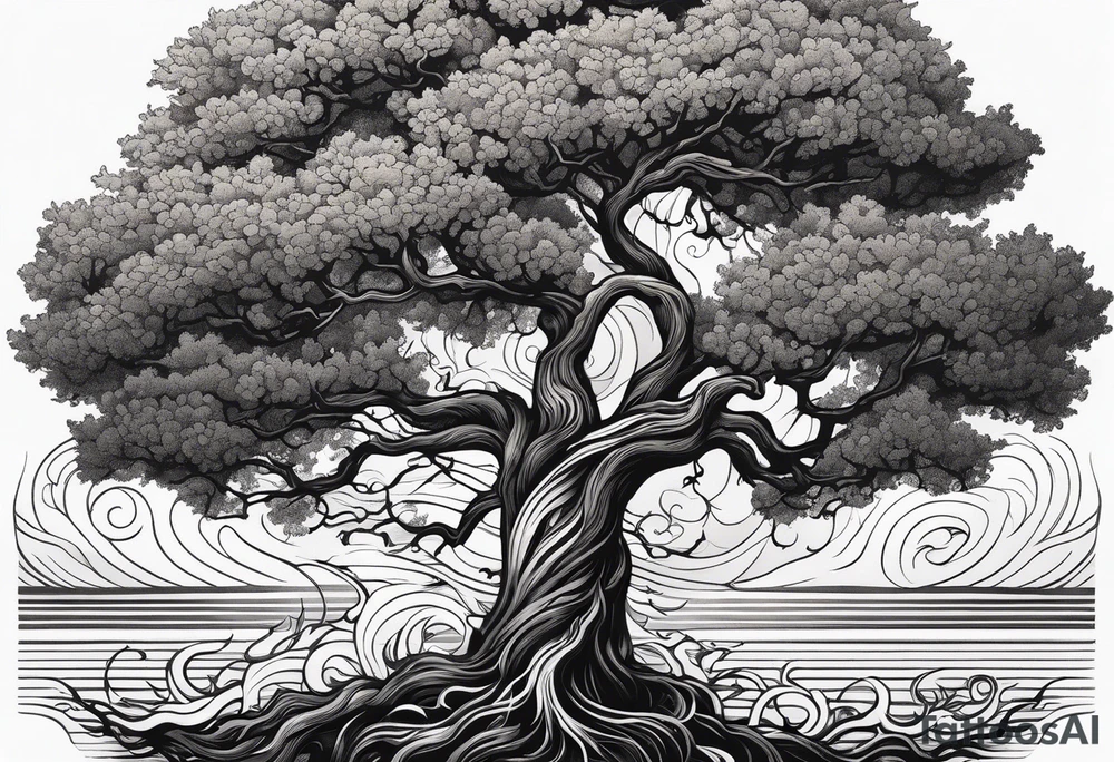 tall oak tree with roots growing around calming waves and a phoenix for forearm tattoo idea