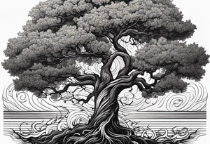 tall oak tree with roots growing around calming waves and a phoenix for forearm tattoo idea