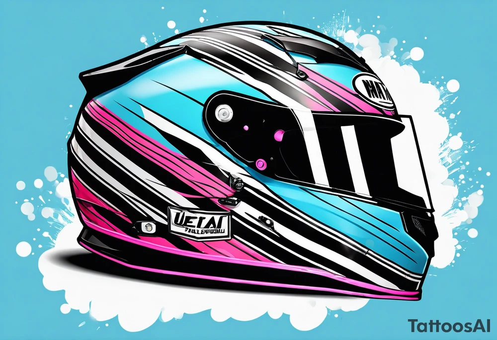 Formula 1 helment with the Miami name a palm tree and light blue black and pink colors tattoo idea