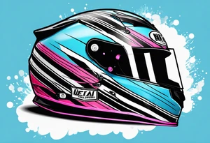 Formula 1 helment with the Miami name a palm tree and light blue black and pink colors tattoo idea