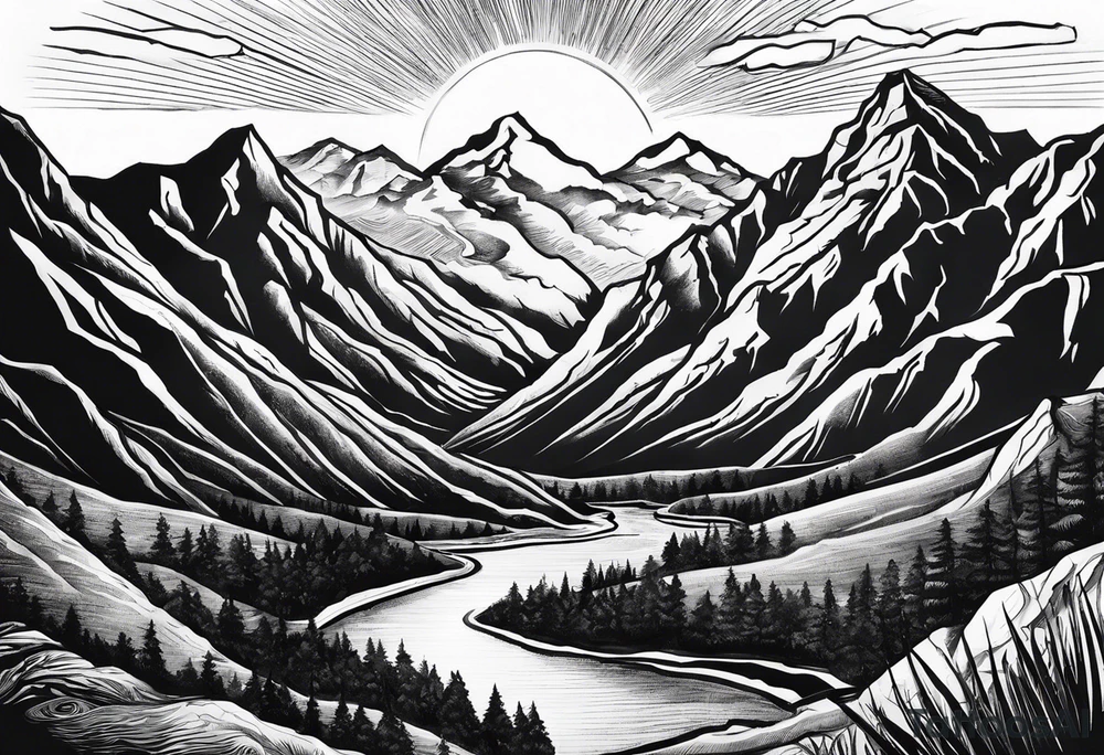 Mountains and in the mountains is a sun with sunbeams that comes out on the mountains from the mountains a river runs down tattoo idea