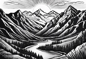 Mountains and in the mountains is a sun with sunbeams that comes out on the mountains from the mountains a river runs down tattoo idea