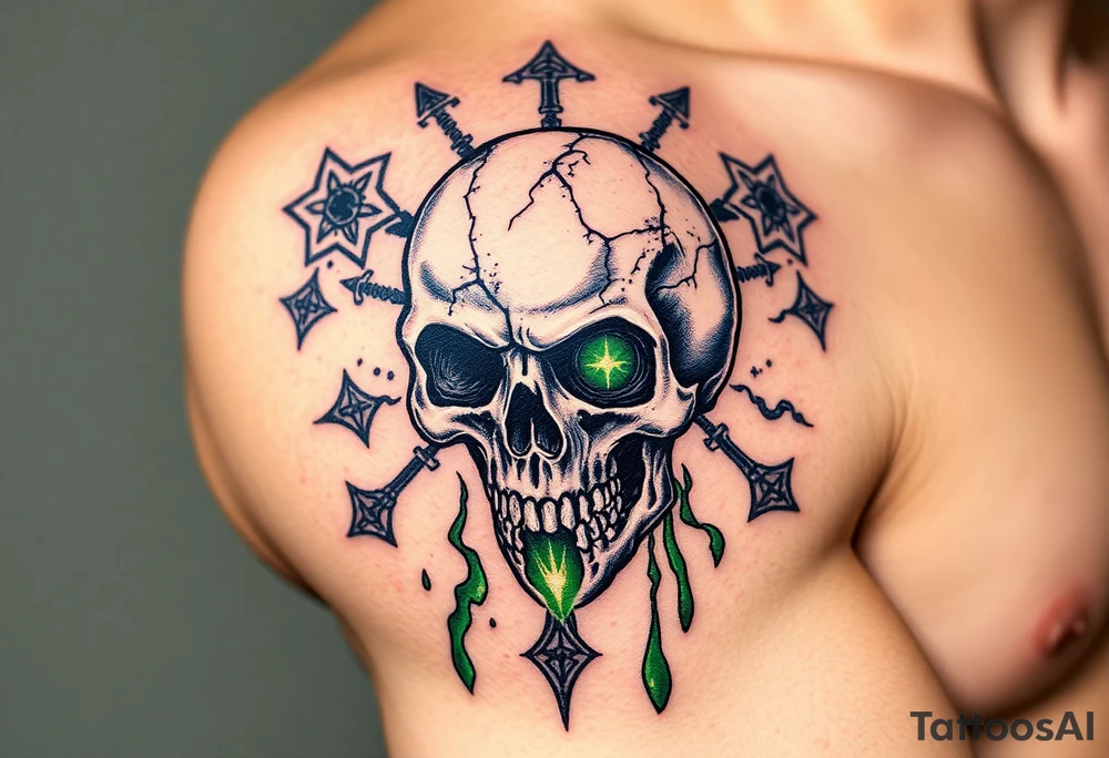 A cursed skull with cracks leaking green mist, surrounded by arcane symbols and forbidden spells tattoo idea