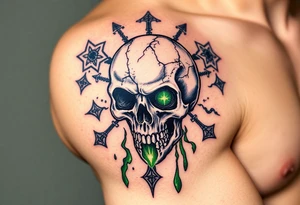 A cursed skull with cracks leaking green mist, surrounded by arcane symbols and forbidden spells tattoo idea