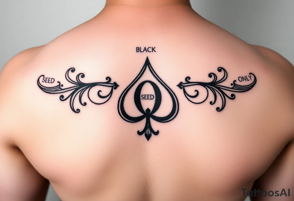 A spade womb tattoo with a Q in the center, with three points around the outside. The first reading, "BLACK". The second reading, "SEED". The third reading, "ONLY". tattoo idea