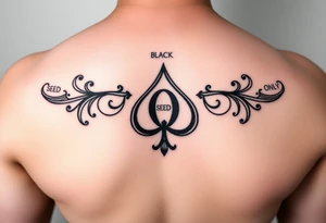 A spade womb tattoo with a Q in the center, with three points around the outside. The first reading, "BLACK". The second reading, "SEED". The third reading, "ONLY". tattoo idea