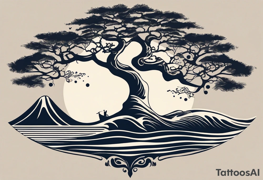 A tattoo of an abstract Tree of life tattoo to be placed on the upper side bicep of a woman. It can wrap around the arm a little. It should have roots growing out of the bottom. The roots slowly turn into water from the great wave by Hokusai. A golf flag should be placed discreetly growing out of the ground. 2 license plate tags should be hanging from the tree. Place a few music notes in the areas the leaves should be. The letters A U should be engraving into the tree trunk in a heart tattoo idea