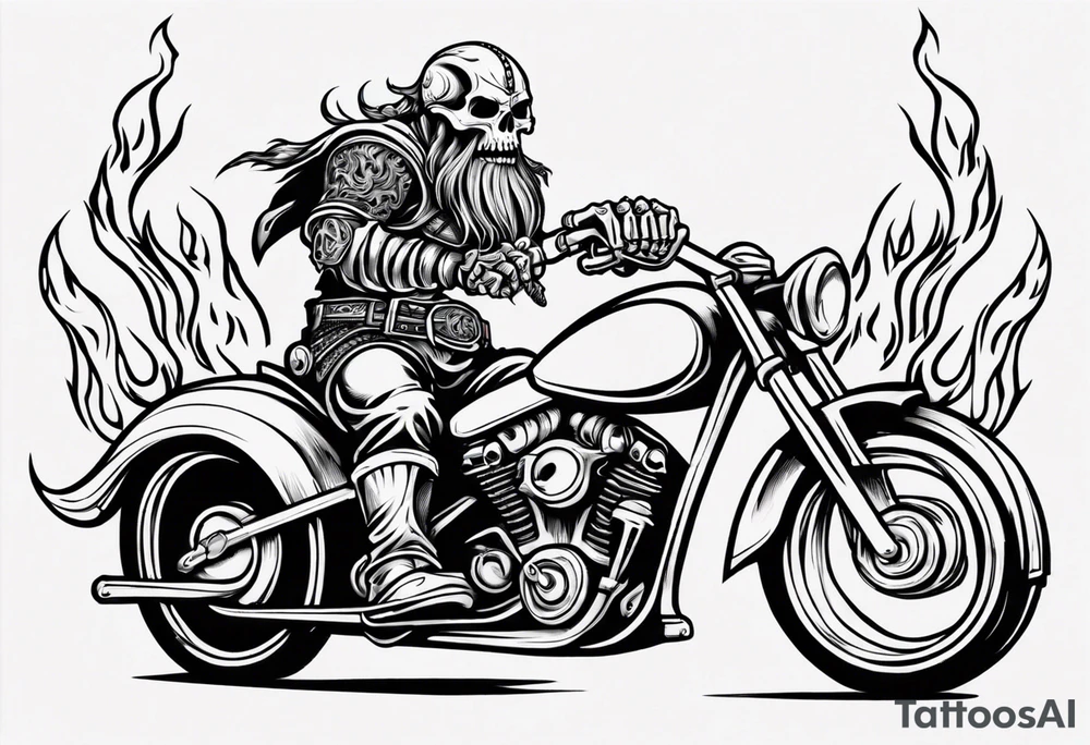 A viking skeleton riding a motorcycle with flames front view and a big viking face in the background tattoo idea