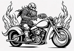 A viking skeleton riding a motorcycle with flames front view and a big viking face in the background tattoo idea