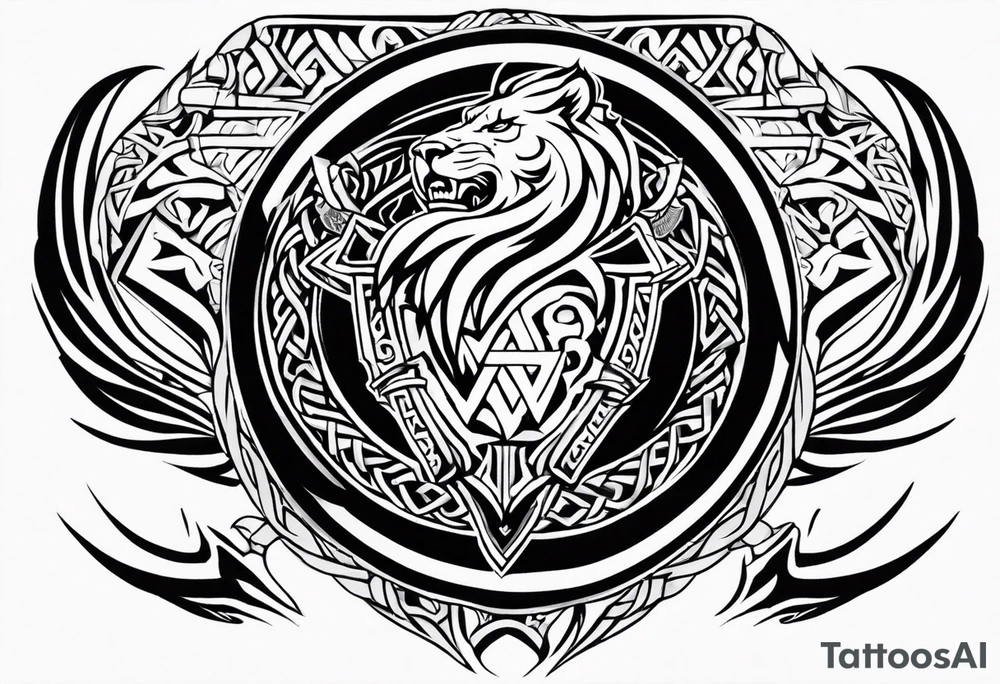 Valhalla sword shield dragon axe Valknut tribal lion tattoo idea
