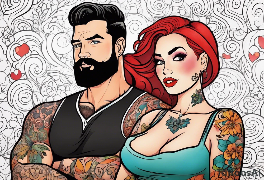 Busty red haired woman with a bearded man who has black hair tattoo idea