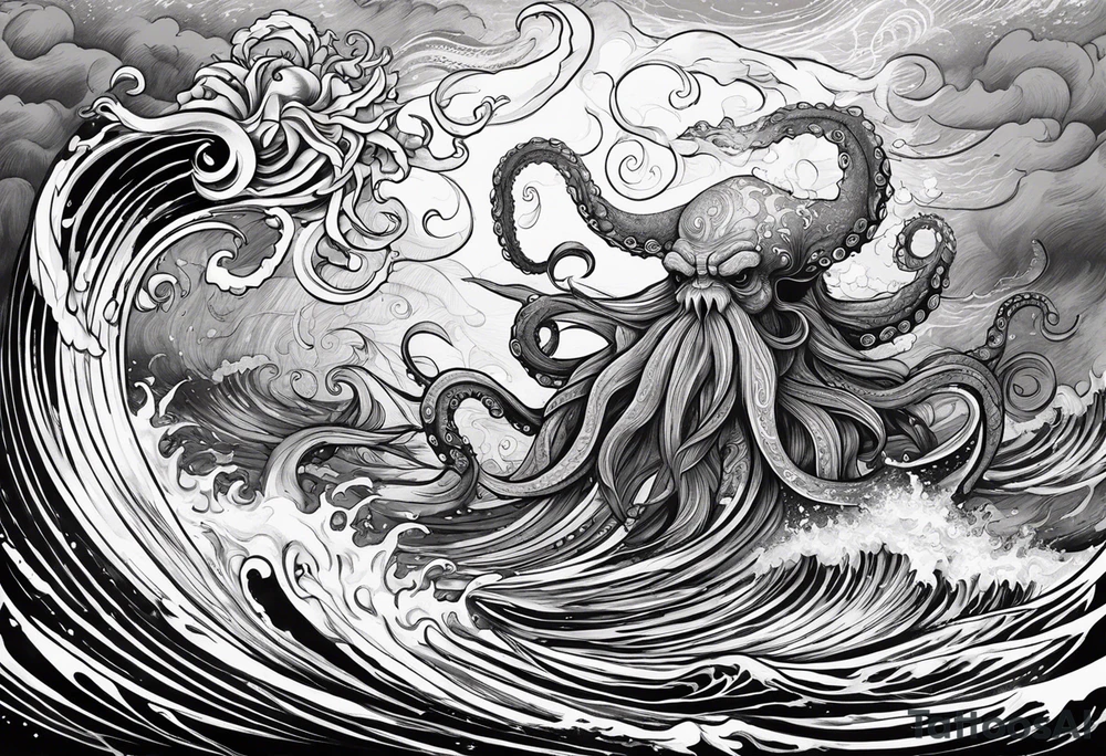 A kraken octopus monster underwater ensnaring the Greek god Poseidon as he thrust his trident into the beast. Turbulent storm with lightning & waves crashing tattoo idea