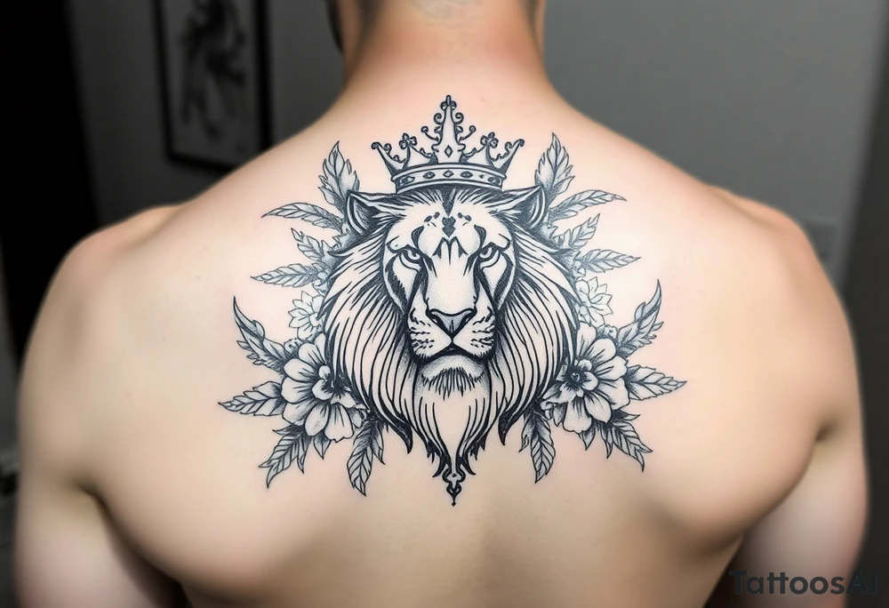 powerful majestic lion with a crown, surrounded by floral ornaments and birds tattoo idea