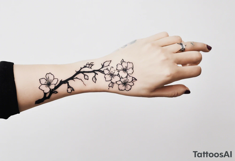 Sure thing! Your tattoo design includes a human hand pointing at a skeleton hand on your left shoulder. The human hand ends 3 cm into the wrist, where you want a cherry blossom branch to sprout out. The branch should travel down to your arm, wrap around your bicep once, then narrow down to fit through a 7 cm gap on your forearm, and finally end in a 10 cm gap on your wrist filled with more blossom flora. This detailed description can help a generative AI artwork understand the design you're envisioning. tattoo idea