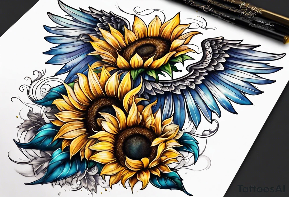 Sunflowers and angel wings leg sleeve tattoo idea