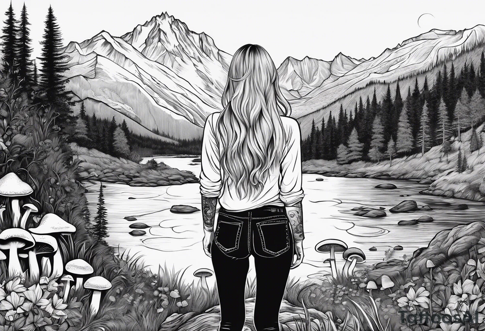 Whole picture encircled fully

Straight long blonde hair hippie girl in distance holding mushrooms in hand facing away toward mountains and creek surrounded by mushrooms long sleeve shirt and hiking pants; whole rendering within a full circle, no cut off circle tattoo idea