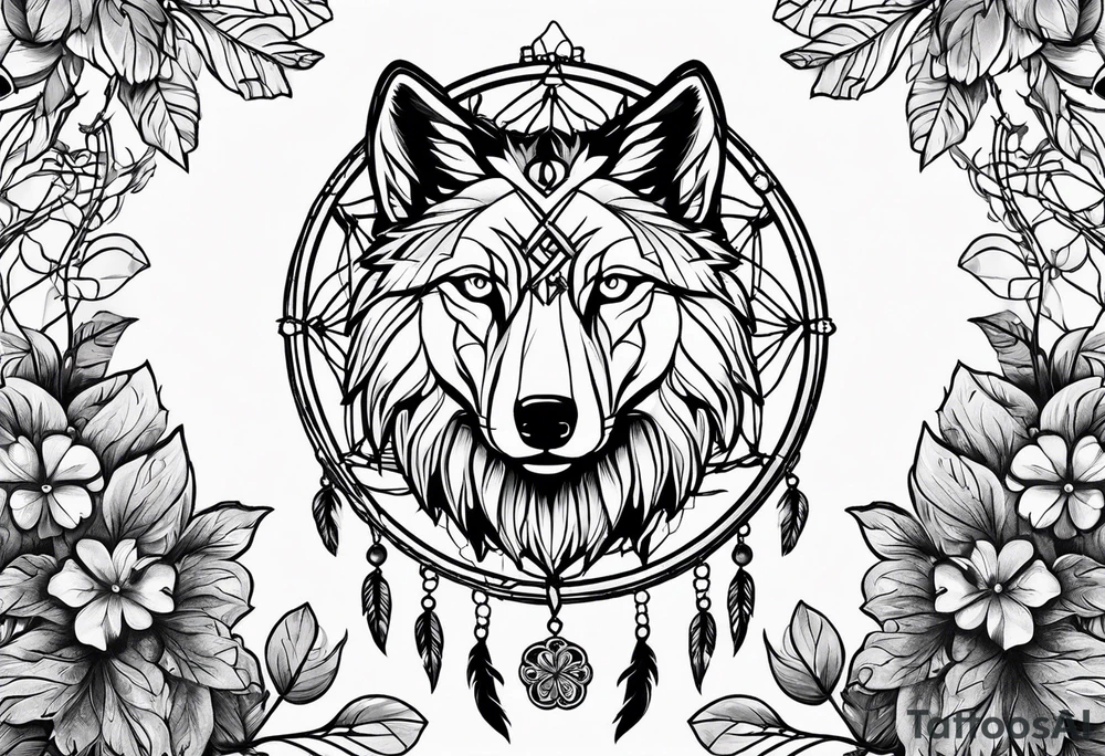 Dream catcher with a wolf head, four leaf clover and a scroll tattoo idea