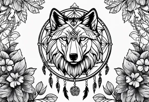 Dream catcher with a wolf head, four leaf clover and a scroll tattoo idea