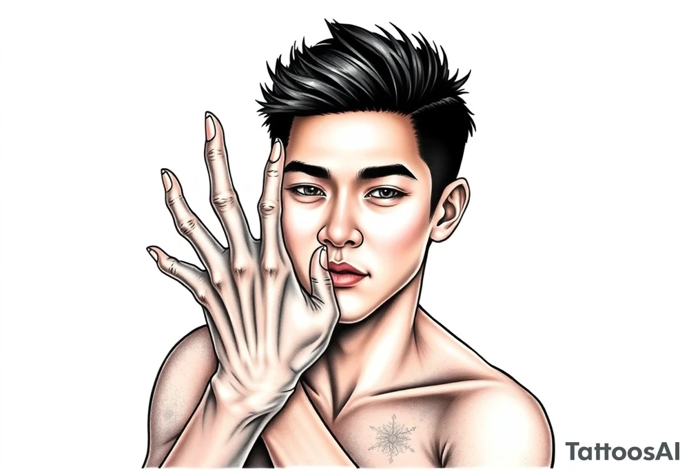 Scary ugly hands are hugging Handsome Asian young guy tattoo idea