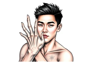 Scary ugly hands are hugging Handsome Asian young guy tattoo idea