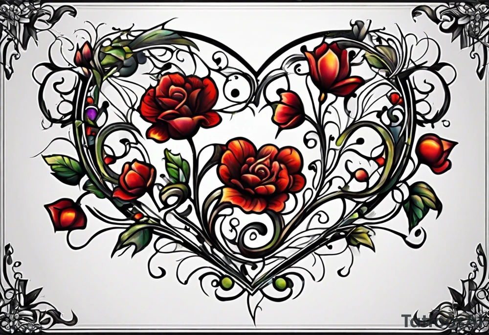 Time flowers leaves vine heart tattoo idea