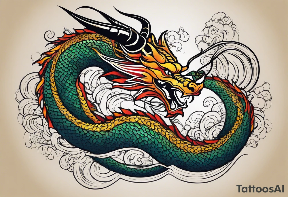 An epic floating asian dragon. Its long body coiling dynamically, with scales and horns detailed to create a sense of movement and strength. The dragon's color is giving a vibrant depth and a mystical aura. This tattoo highlights the dragon’s fierce expression and sharp claws. tattoo idea