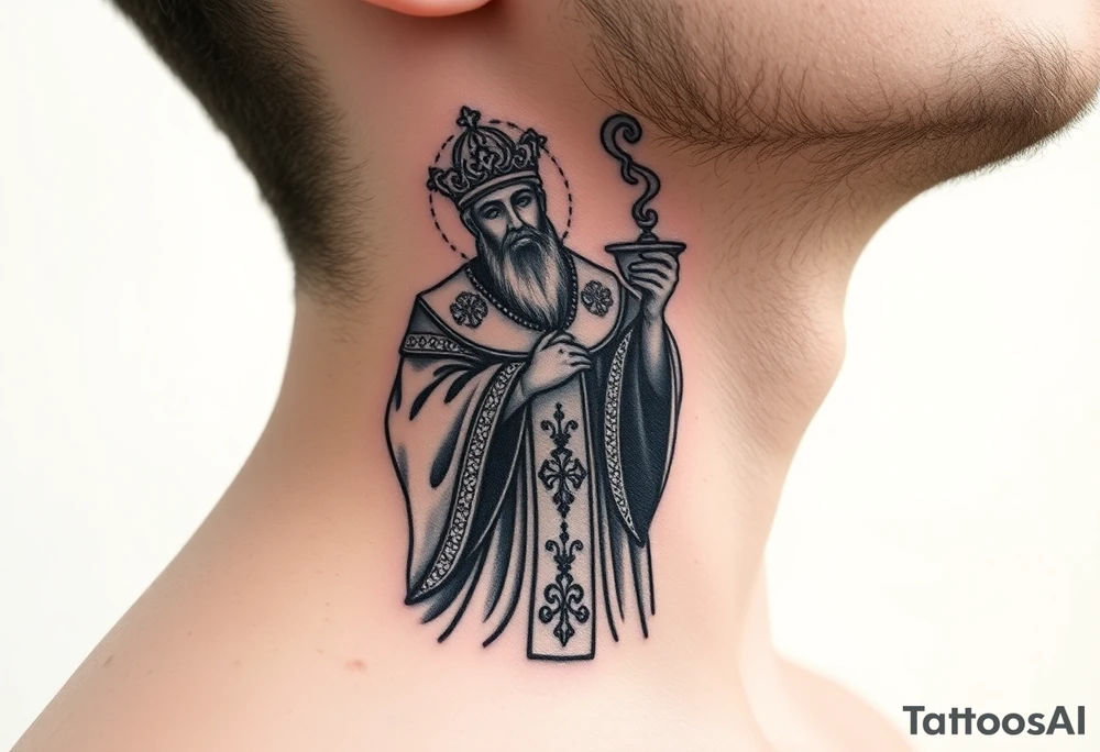 Russian Orthodox Priest in a fully detailed gold vestment swinging a censer with smoke curling upward tattoo idea
