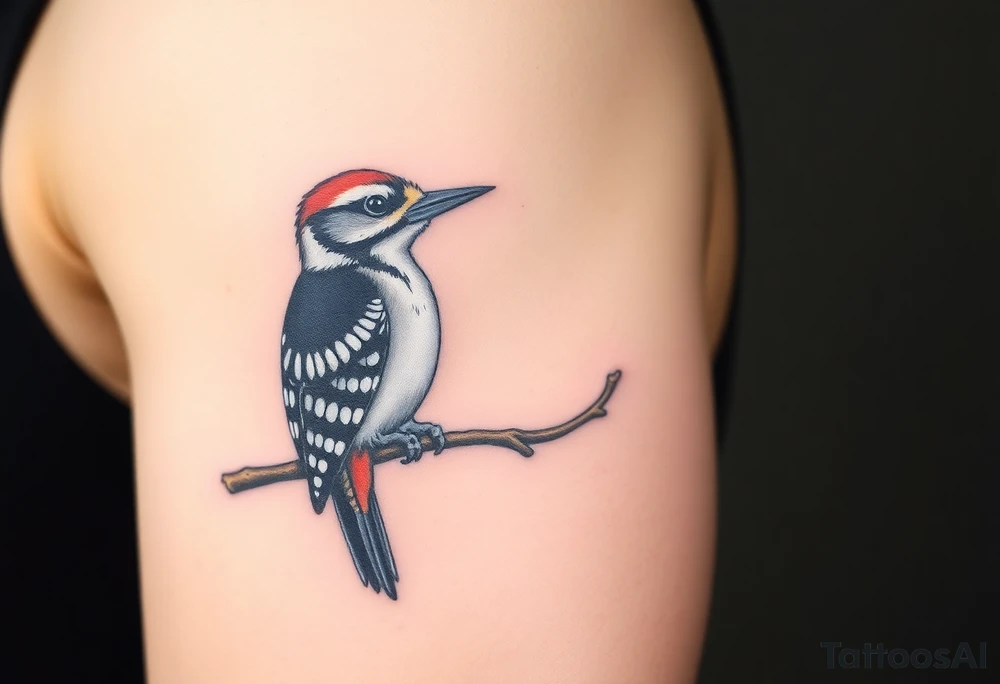Middle spotted woodpecker sitting on a branch tattoo idea