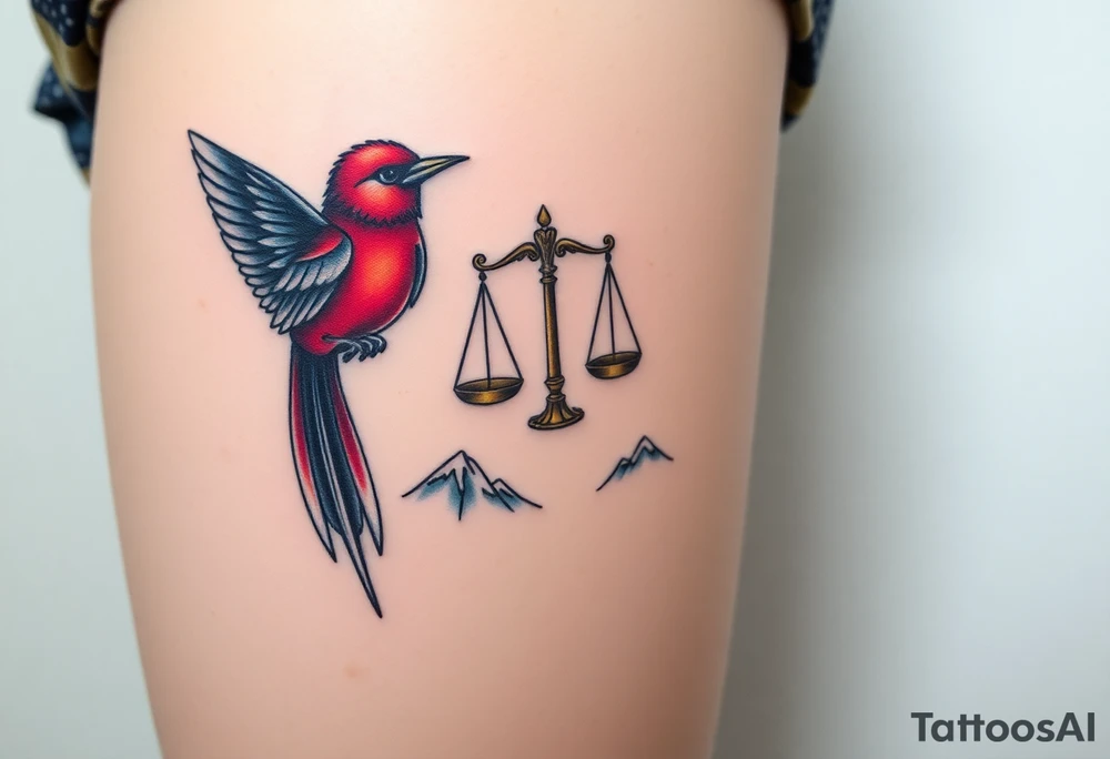 2 birds as the focus, one of the birds red wearing a suit, other bird navy blue with glasses or holding a book, scales of justice built into a tree, starry night painting and mountain background tattoo idea