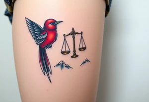 2 birds as the focus, one of the birds red wearing a suit, other bird navy blue with glasses or holding a book, scales of justice built into a tree, starry night painting and mountain background tattoo idea