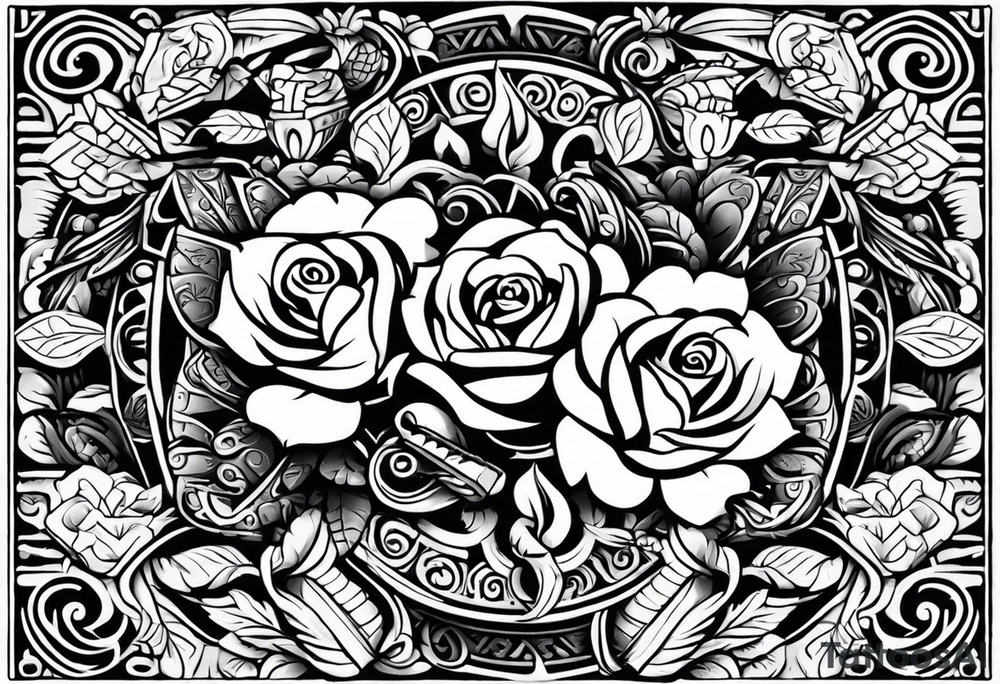 Design a masculine tattoo depicting three delicate rose buds being embraced and protected by 
Aztec weapons. The weapons should include elements such as the macuahuitl (Aztec sword-club), obsidian blades, and Mayan calendar, arranged in a way that forms a protective circle or embrace around the roses. Carve the entire image as if it were a stone sculpture by an ancient Aztec artist, with the texture resembling intricately detailed stone carvings. The roses should be slightly softer but still stylized in stone, giving the entire tattoo a powerful, yet artistic and ancient feel. Use bold, sharp lines to capture the essence of Aztec craftsmanship tattoo idea