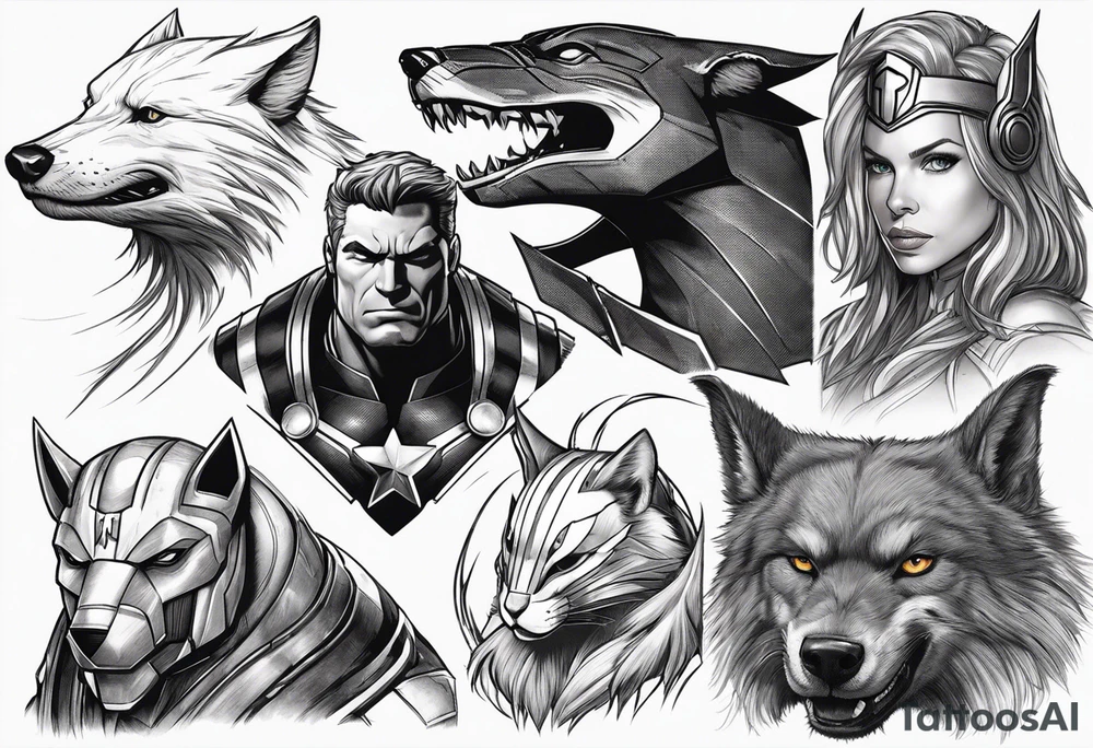 I want to change Avengers Team characters with animals. Hulk will be Badger, Thor will be Alpha Grey Wolf, Captain America will be Bull, Iron Man will be Canary, Black Widow will be Axolotl, Hawk Eye will be Sudan Plated Lizard and Nick Fury will be Cat. tattoo idea