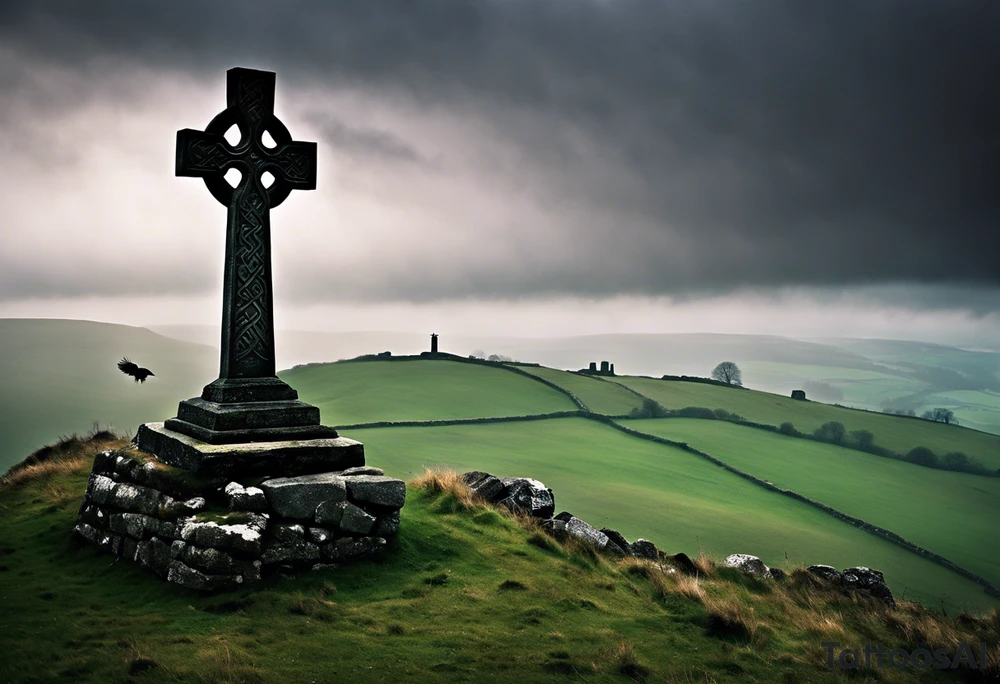 A stone Celtic cross solemnly standing atop a hill, a raven perches atop the cross staring out over the desolation. A ruined stone wall lies crumbling near the cross. Mist rolls along the hilltops adding to the melancholic nature of the scene. Clouds gather in the distance, obscuring the setting sun tattoo idea