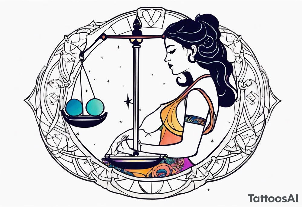 Libra woman holding scales with a night zodiac background including a half moon that encircles half of the woman with vibrant colors tattoo idea