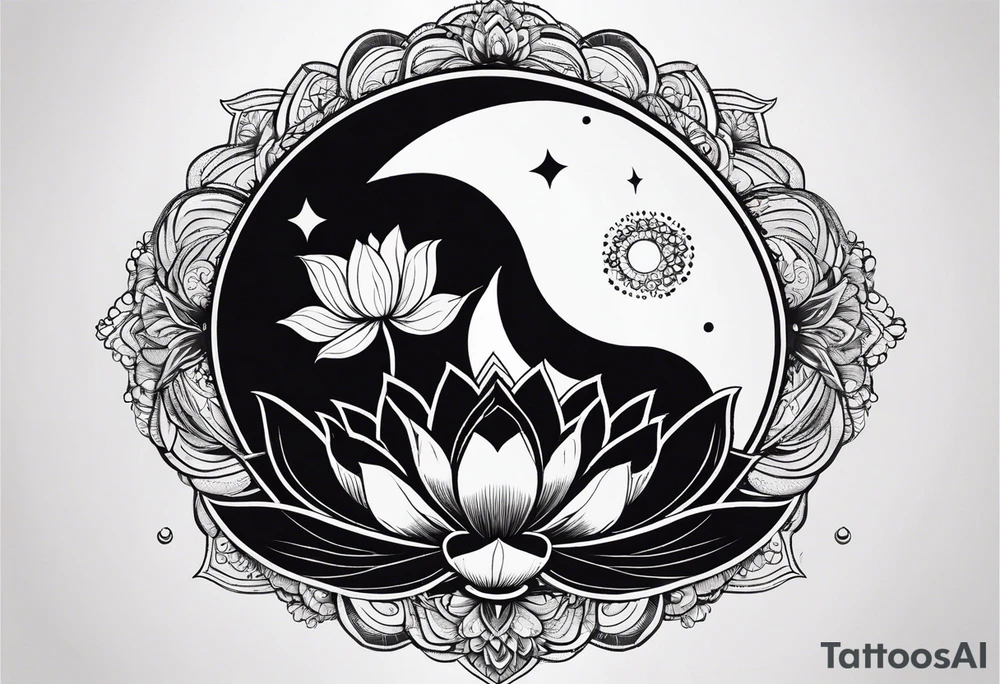 Feminine energy, yin yang, lotus flower, good luck, ohm sign, moon straight line tattoo idea