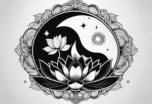 Feminine energy, yin yang, lotus flower, good luck, ohm sign, moon straight line tattoo idea