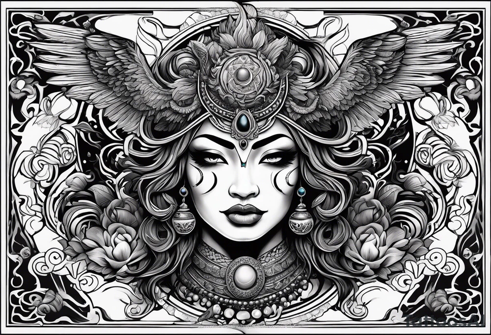 black kali, goddess pirate, alien, angel, pachamama, valkrye, warrior, flying, skull, lotus azul, wing, eagle, zenza resonance, stars, 5D, anahata chakra, death, durga, riding on a tiger, flying lady, kundalini, chest tatoo, samuri, rebel,serpent tattoo idea