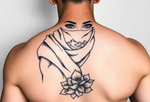 Arab woman with scarf over face with mountains lotus flowers and el paso tx culture tattoo idea