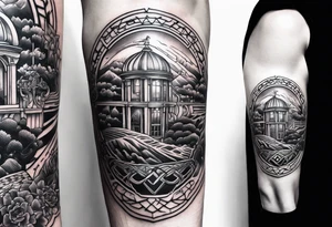 welsh, Cardiff, celtic landscape sleeve tattoo with an infusion of technology, steam punk tattoo idea