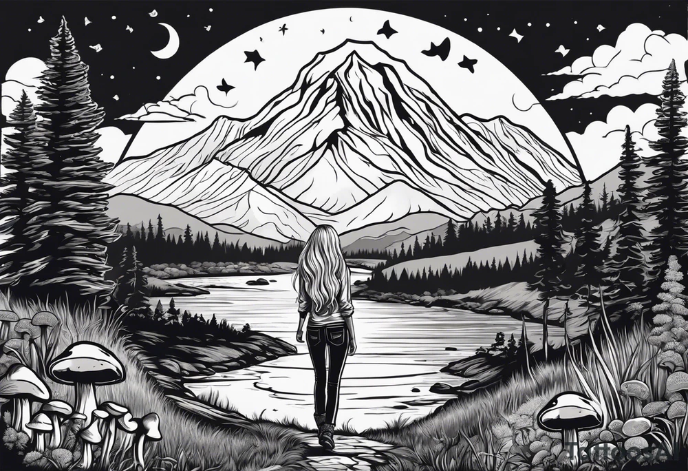 Whole picture encircled fully

Straight long blonde hair hippie girl in distance holding mushrooms in hand facing away toward mountains and creek surrounded by mushrooms long sleeve shirt and hiking pants; whole rendering within a full circle, no cut off circle tattoo idea