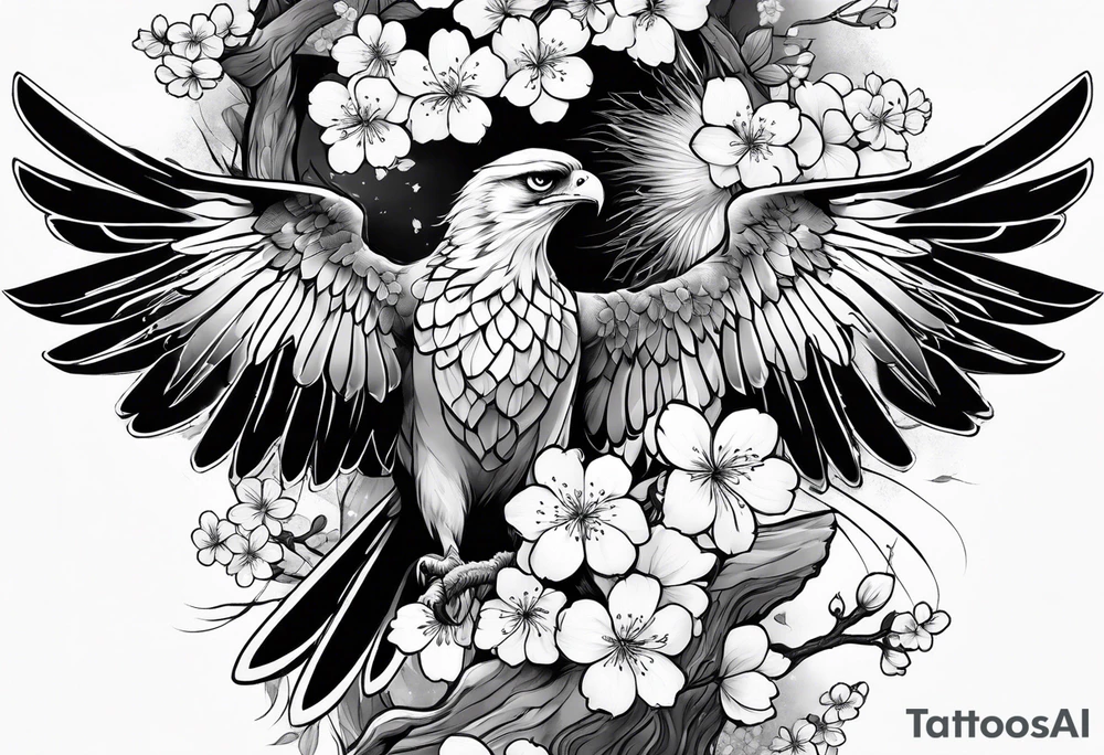 traditional.
full leg sleeve with the following elements: hawk and cherry blossoms tattoo idea