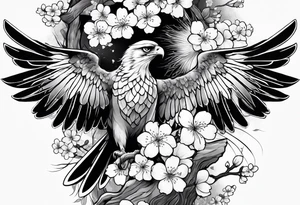 traditional.
full leg sleeve with the following elements: hawk and cherry blossoms tattoo idea