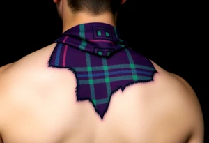 Dark Purple with green pink blue and white highlights tartan fabric with flesh peeling away at edges wrapping around shoulder tattoo idea