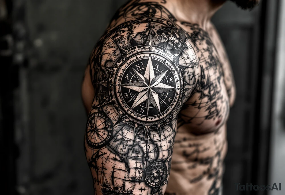 Antique compass rose overlaid on weathered world map with sailing ships ...