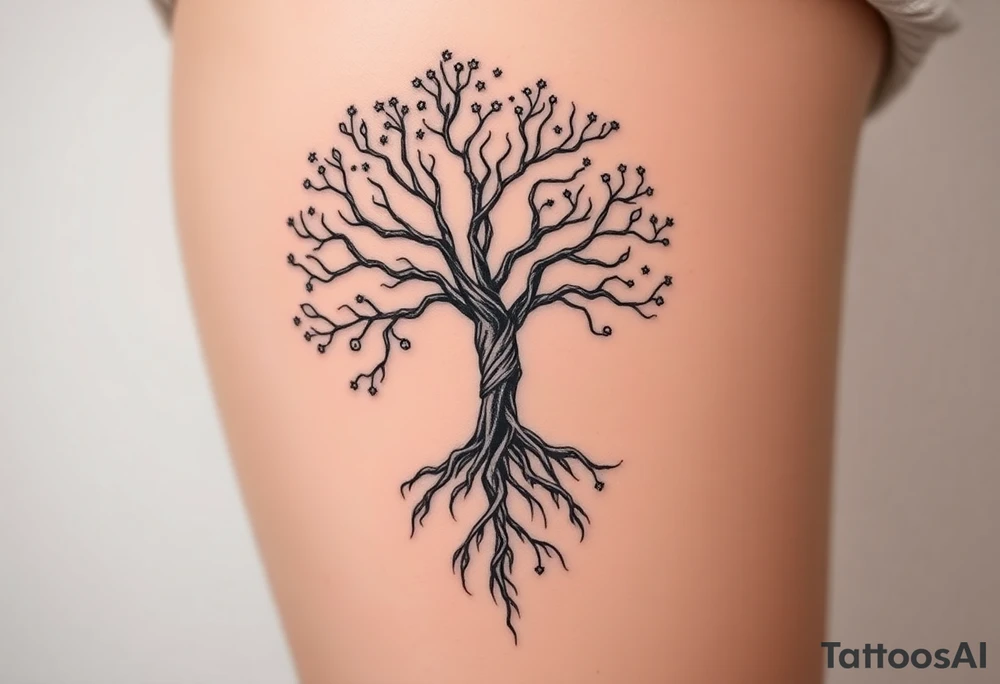 mystical tree of life with cosmic roots and celestial branches tattoo idea
